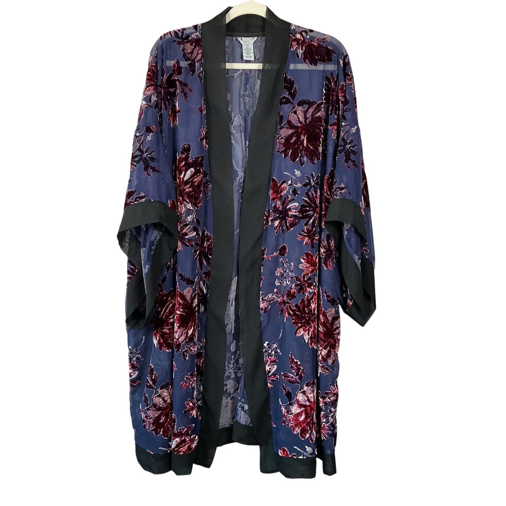Catherines Sleepwear 3X Velvet Burnout Floral Kimono Robe Blue Purple Burgundy